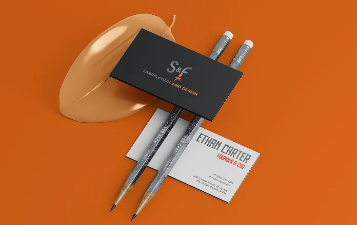 S&F Fabrication branded business card and pens