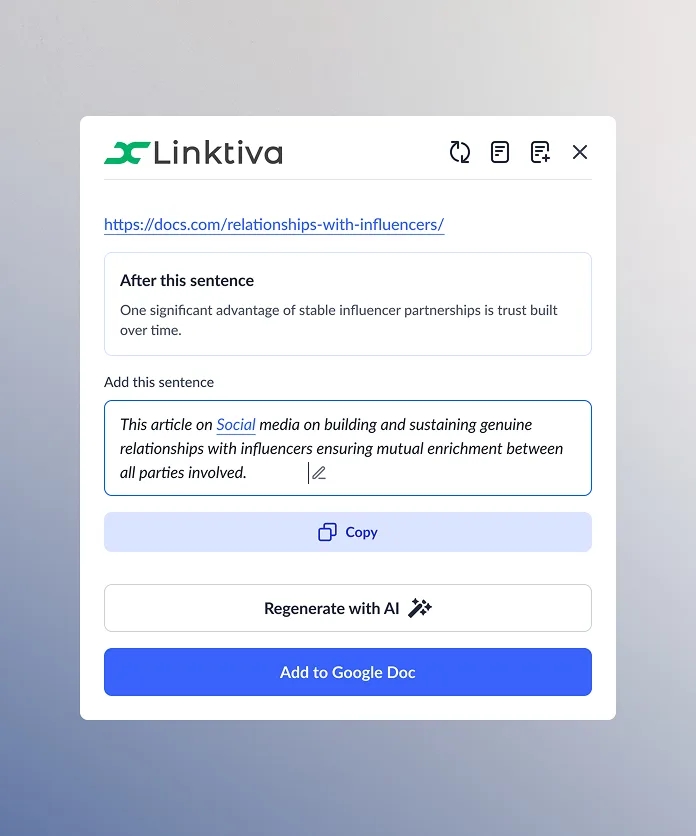Linktiva Chrome extension panel showing an AI-generated sentence suggestion