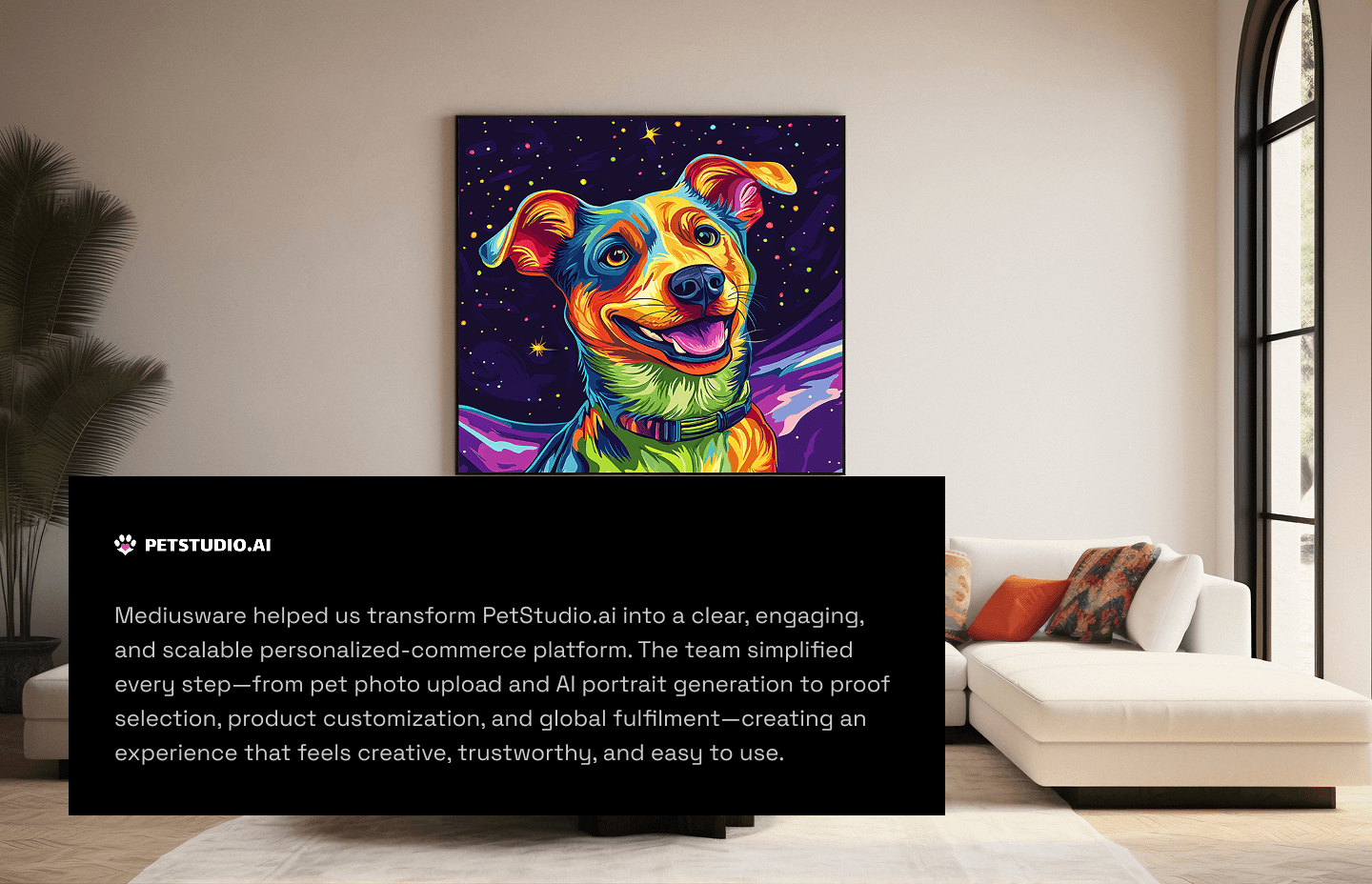 Pet owner reviewing a PetStudio.ai portrait order with their dog