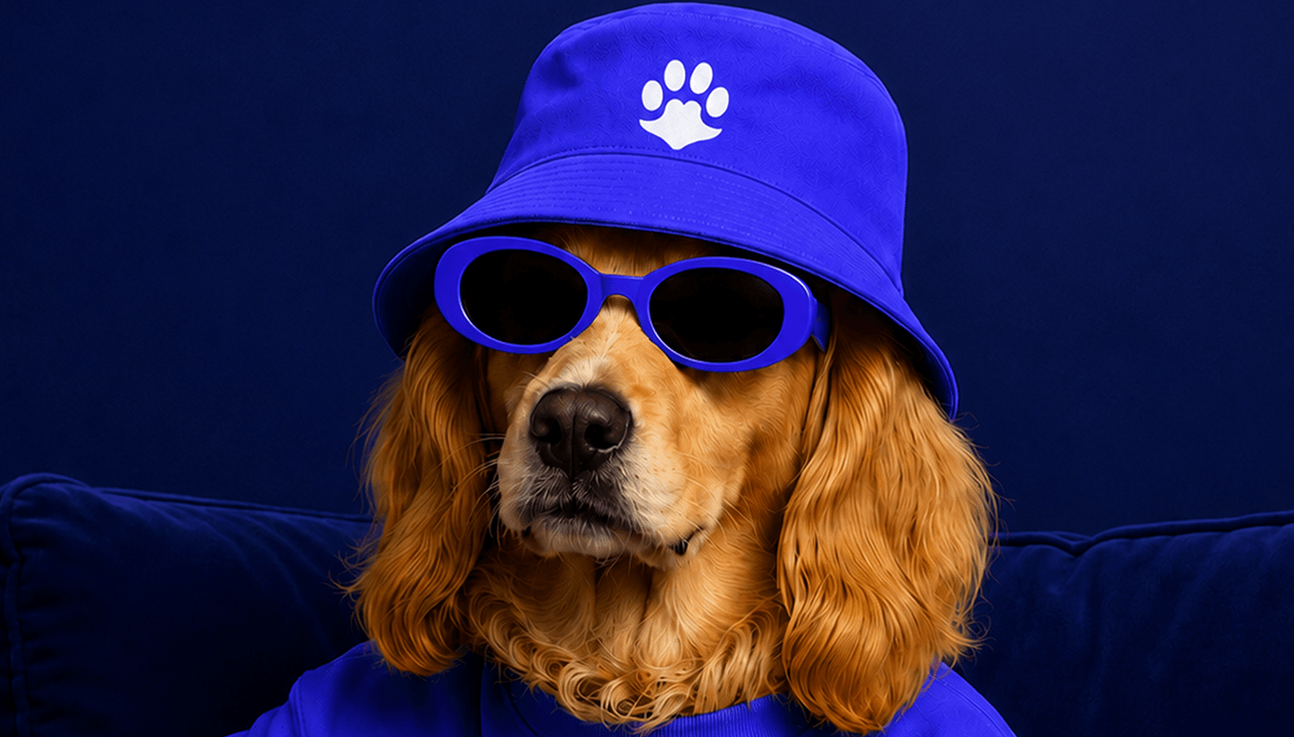 Dog styled in PetStudio.ai branded merchandise