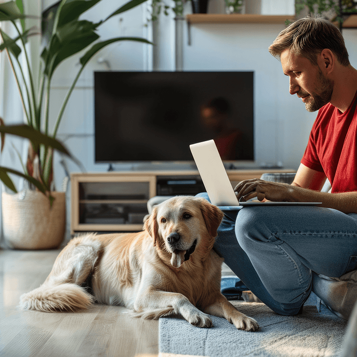 Pet owner and dog at home with a laptop