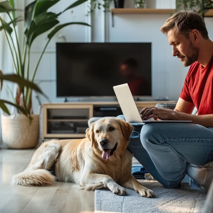Pet owner and dog at home with a laptop