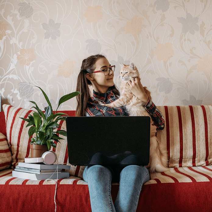 Pet owner and cat at home with a laptop
