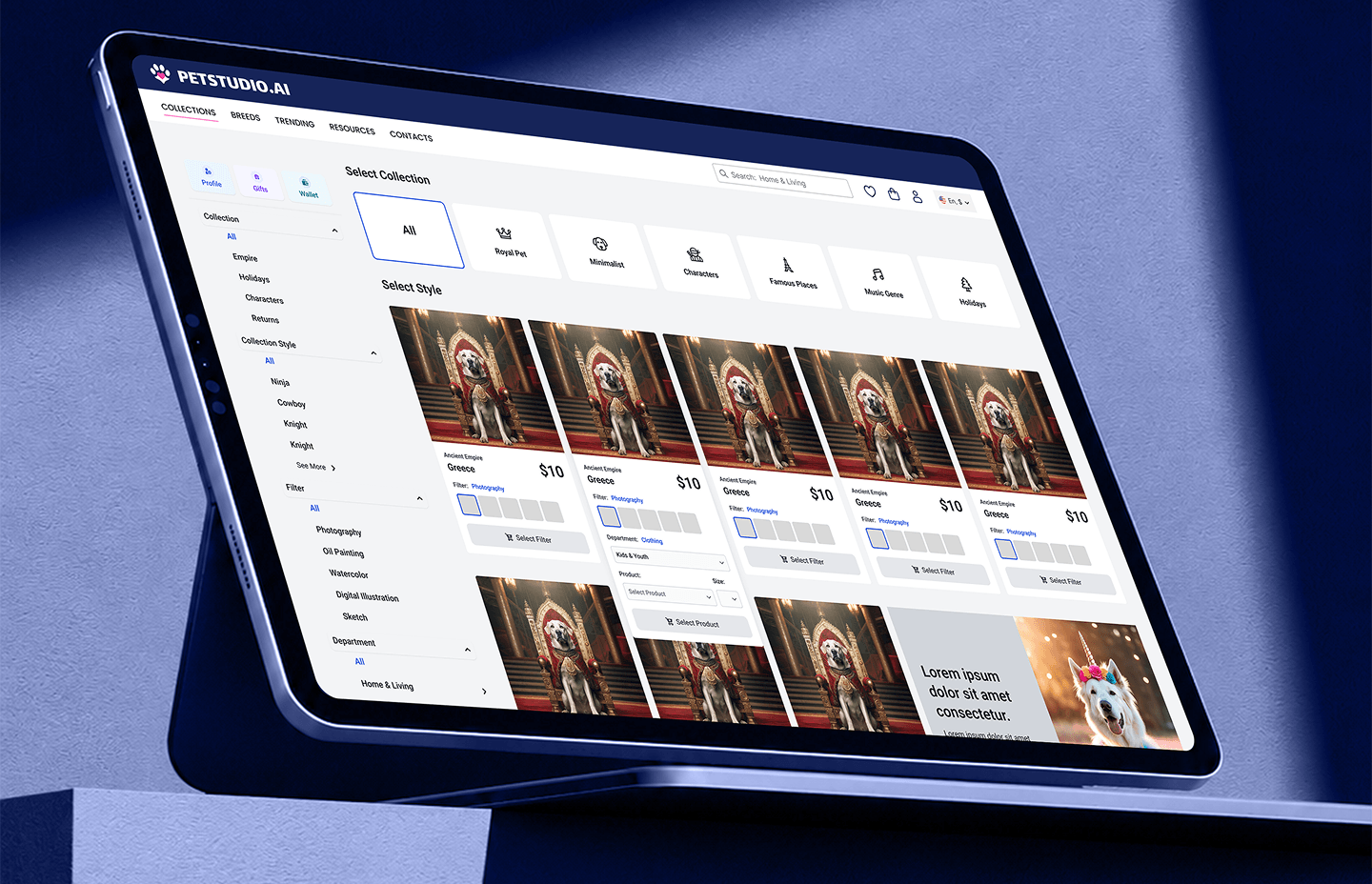 PetStudio.ai collection and style browser