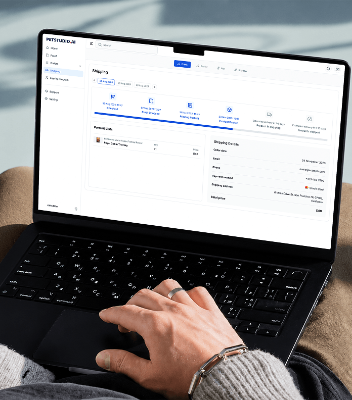 PetStudio.ai shipping status timeline and order details