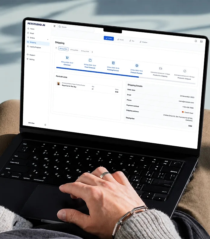 PetStudio.ai shipping status timeline and order details