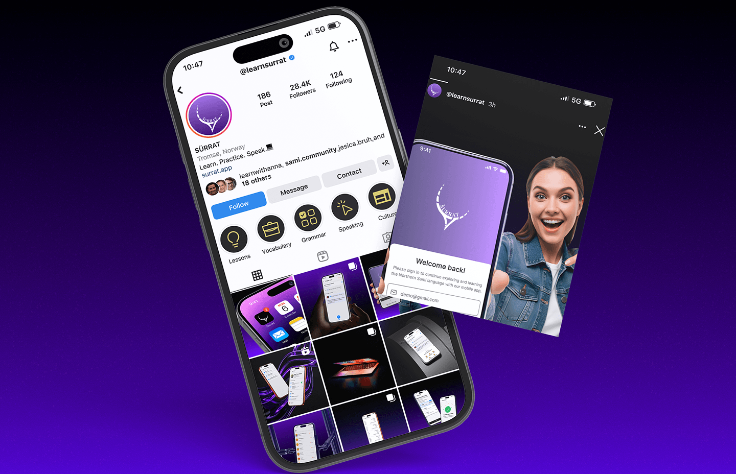 Surrat Instagram profile and app screens