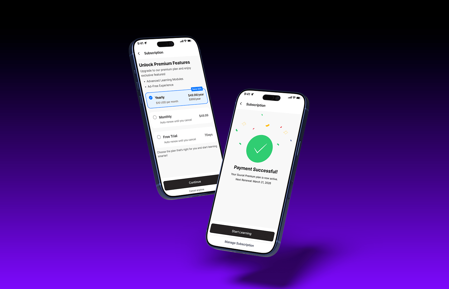 subscription plans and payment success screens