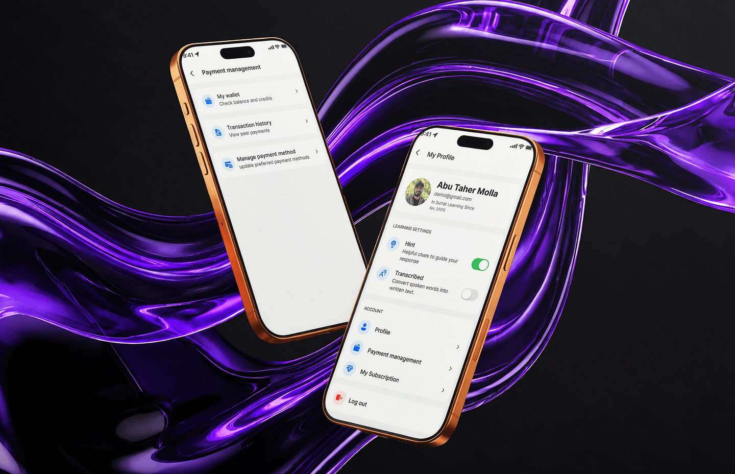 profile and payment management screens