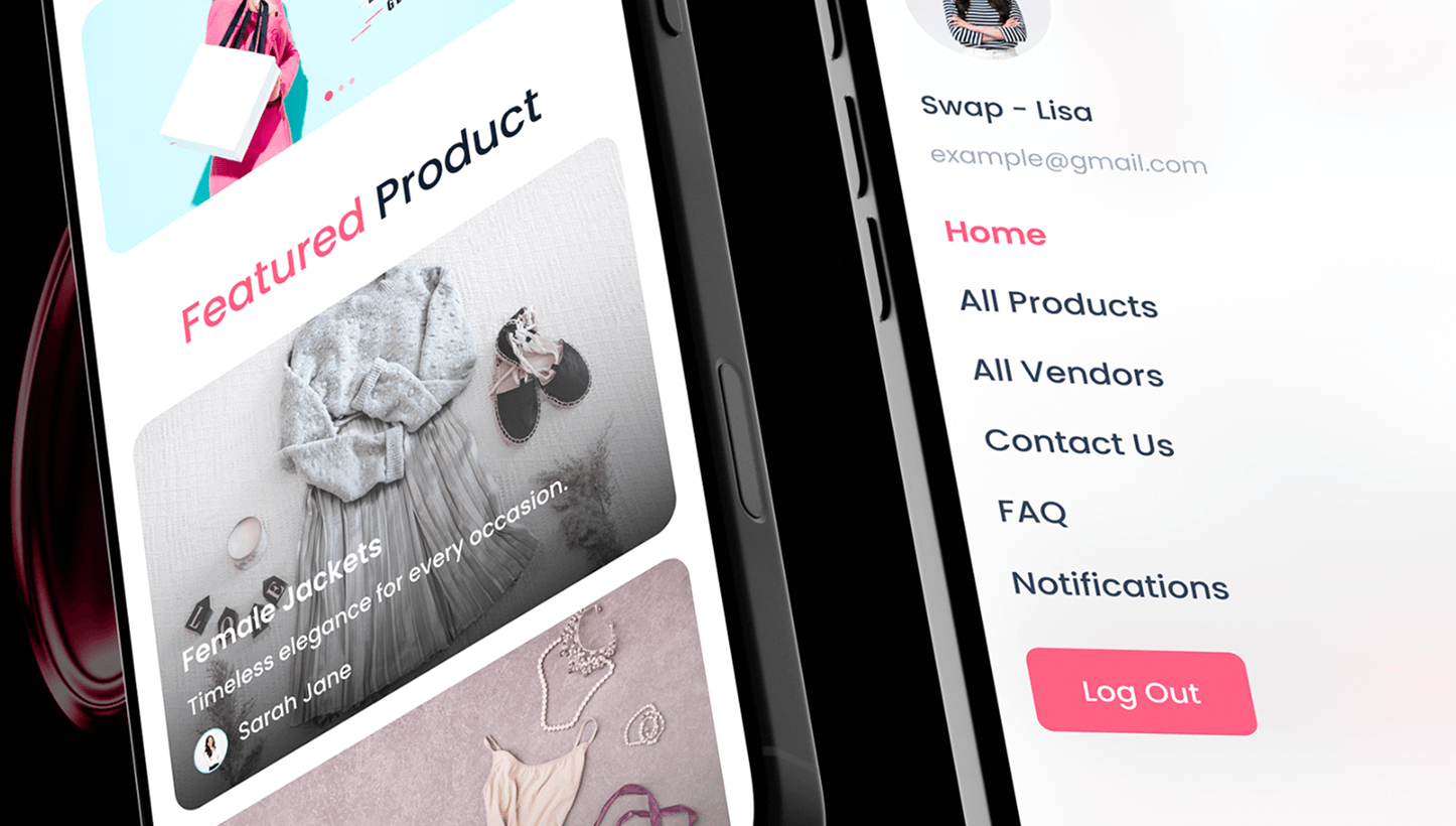 SwapShop featured product and messaging mobile screens