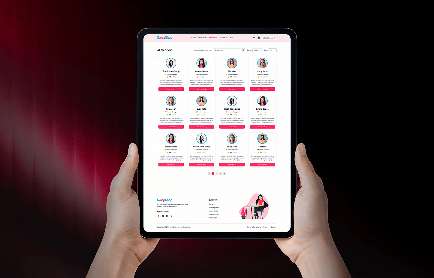 SwapShop All Vendors directory held on a tablet