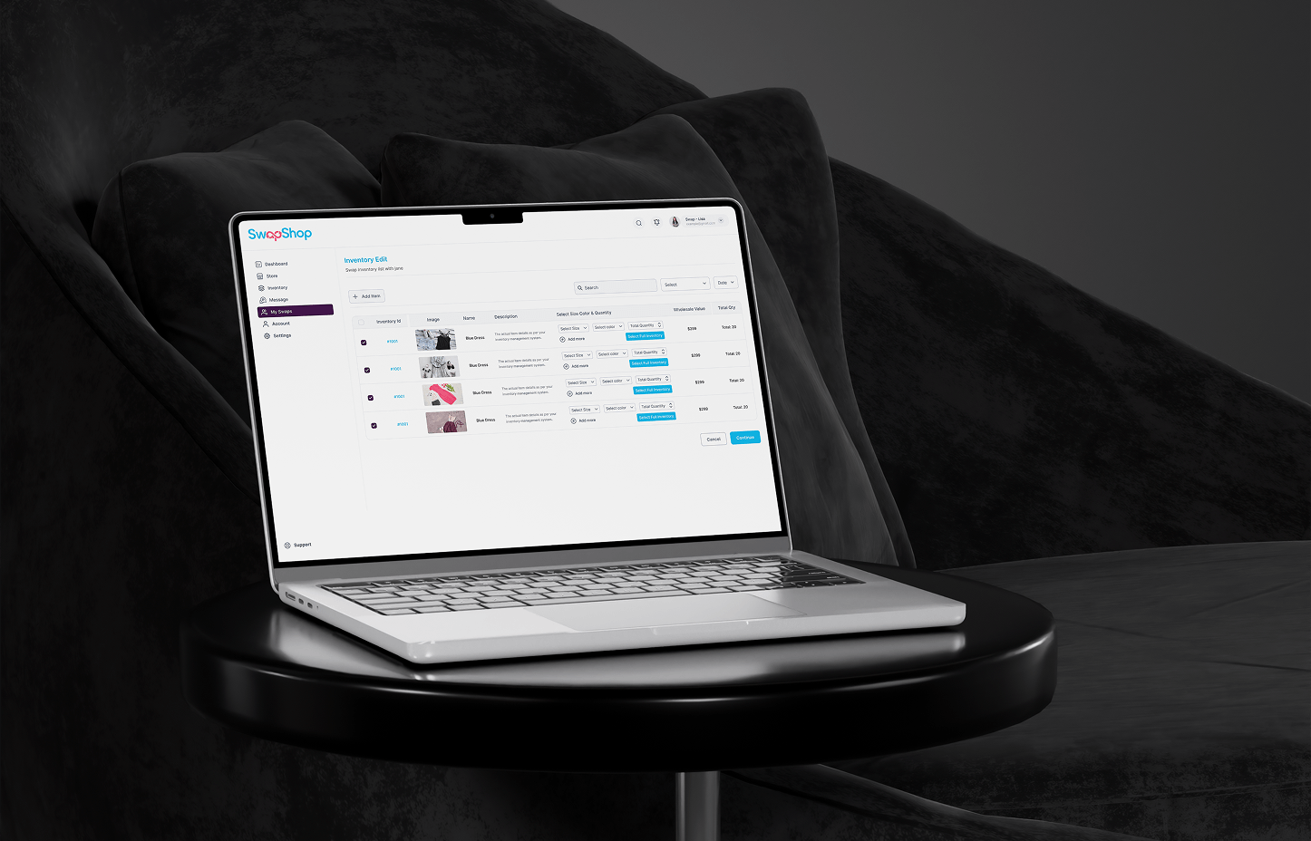 SwapShop inventory editing table on a laptop