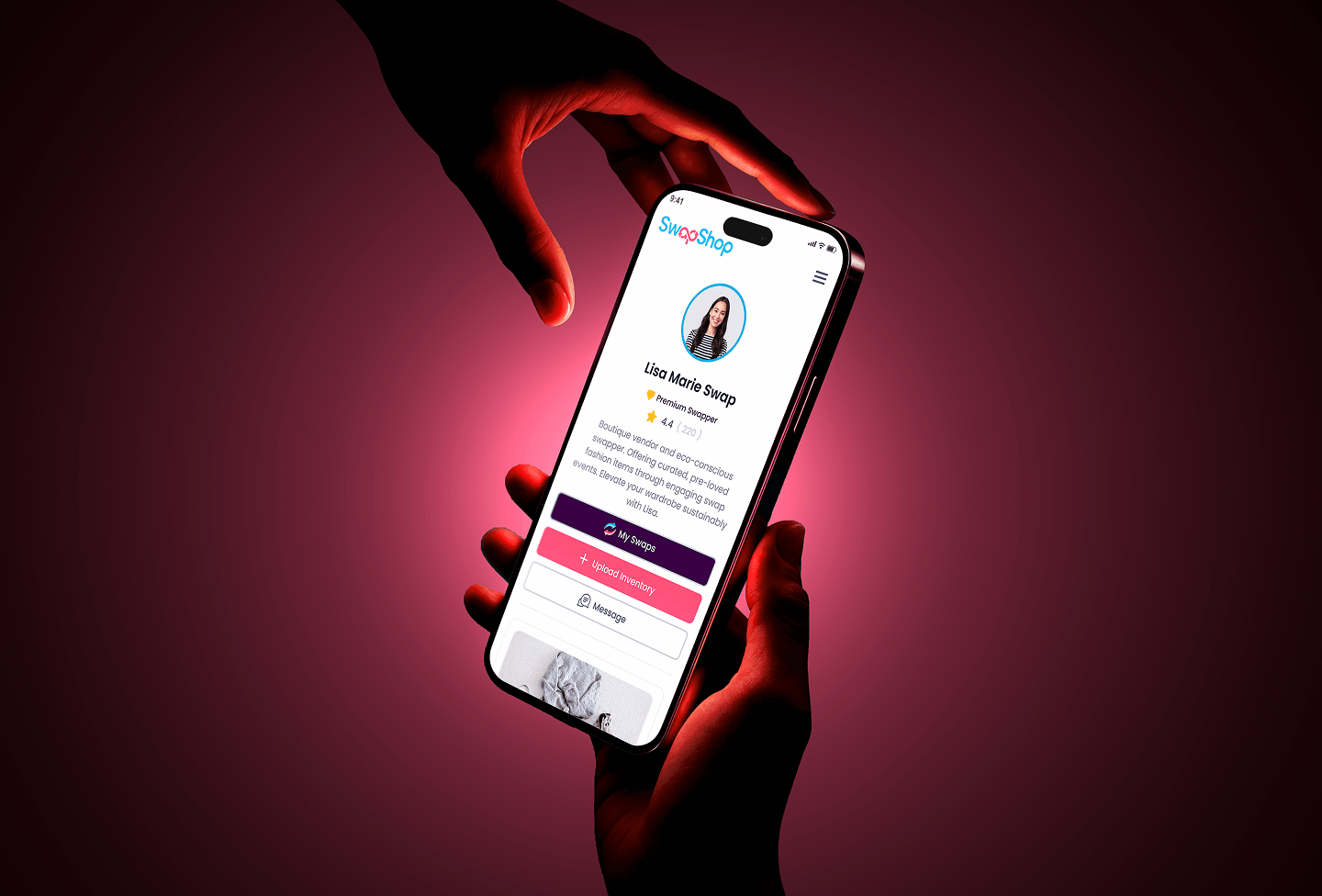 SwapShop mobile profile screen held in hand