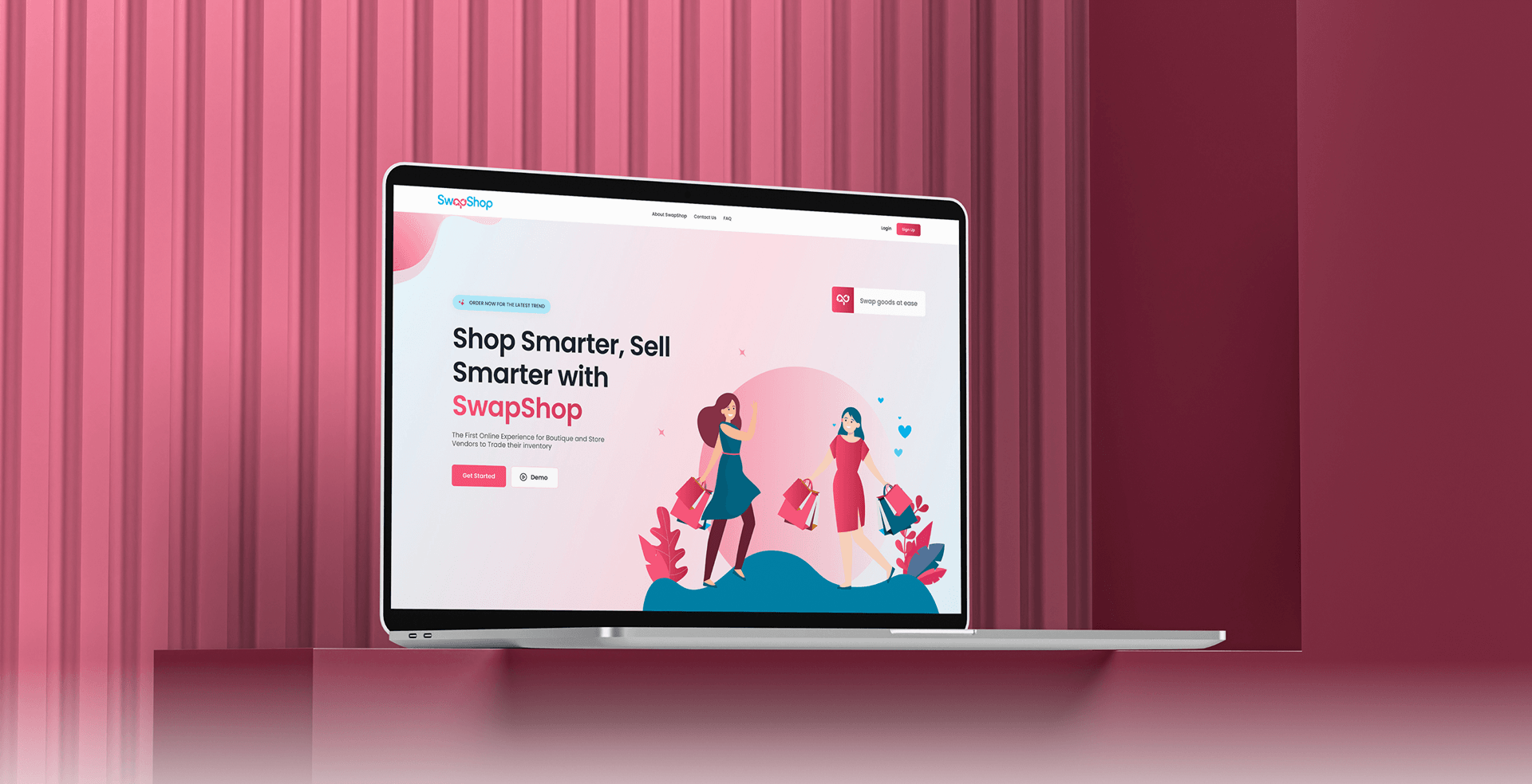 SwapShop landing page mockup on a laptop
