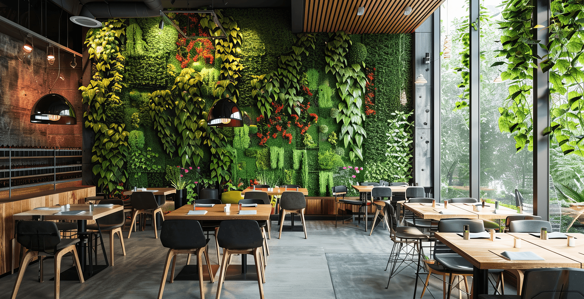 Restaurant interior with a living green wall