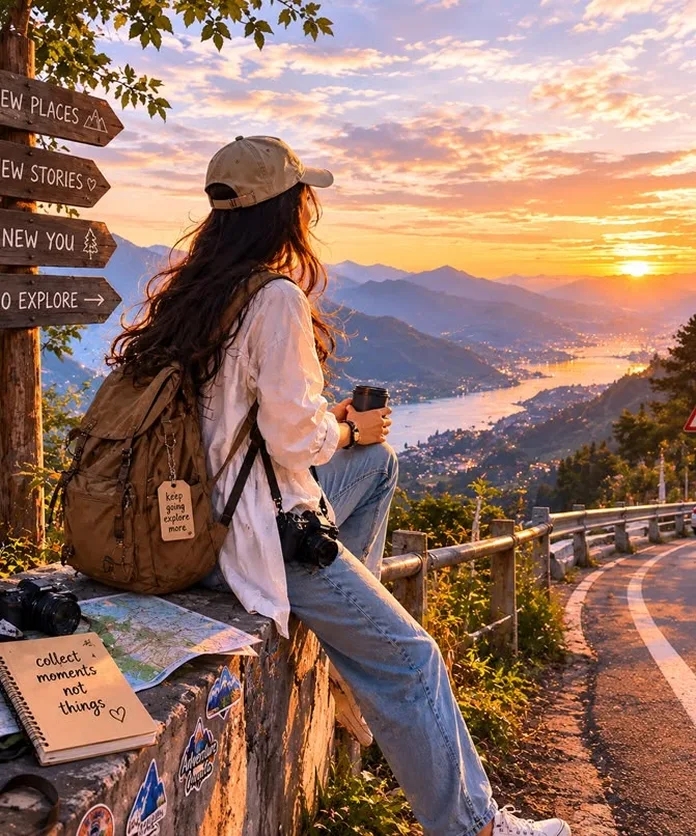 Traveler looking at sunset view