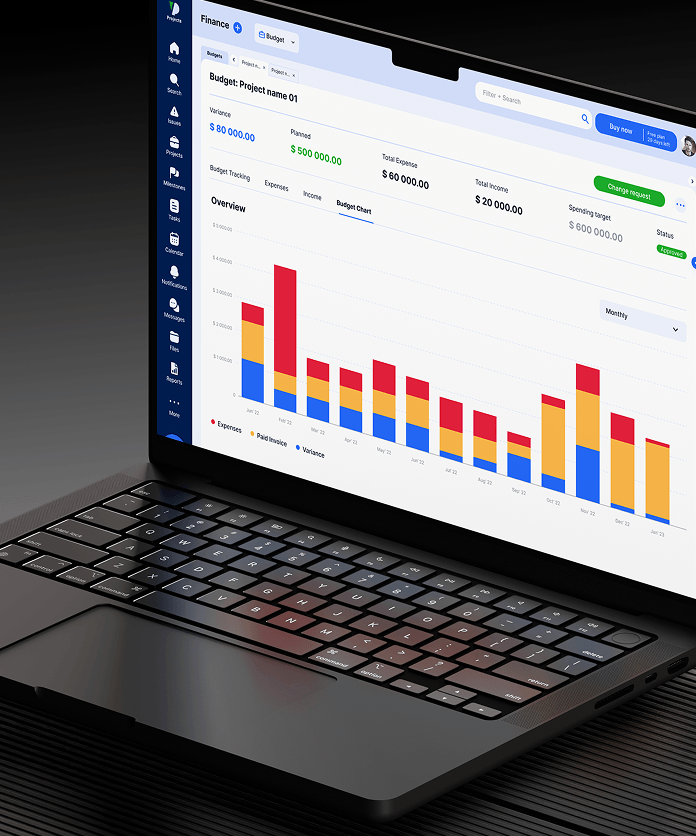Vida Dynamic budget and project research dashboard shown on a laptop
