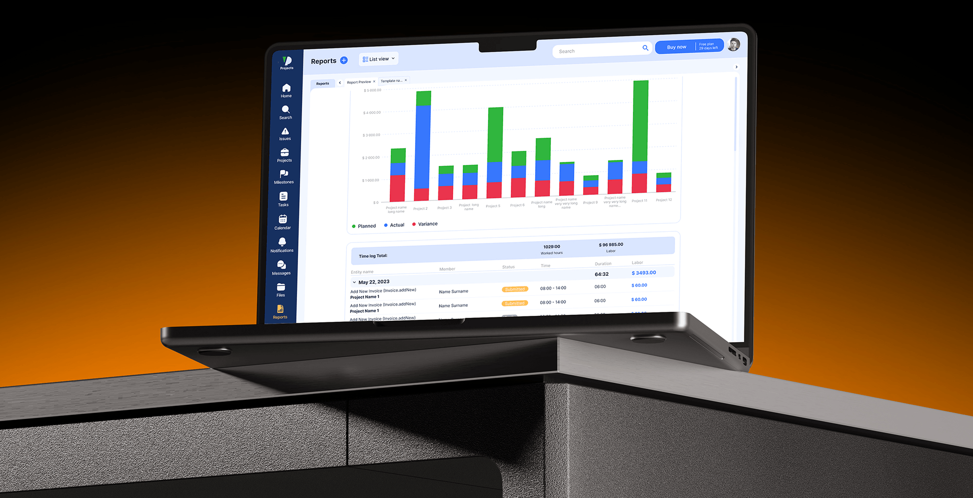 Vida Dynamic reports dashboard shown on a laptop