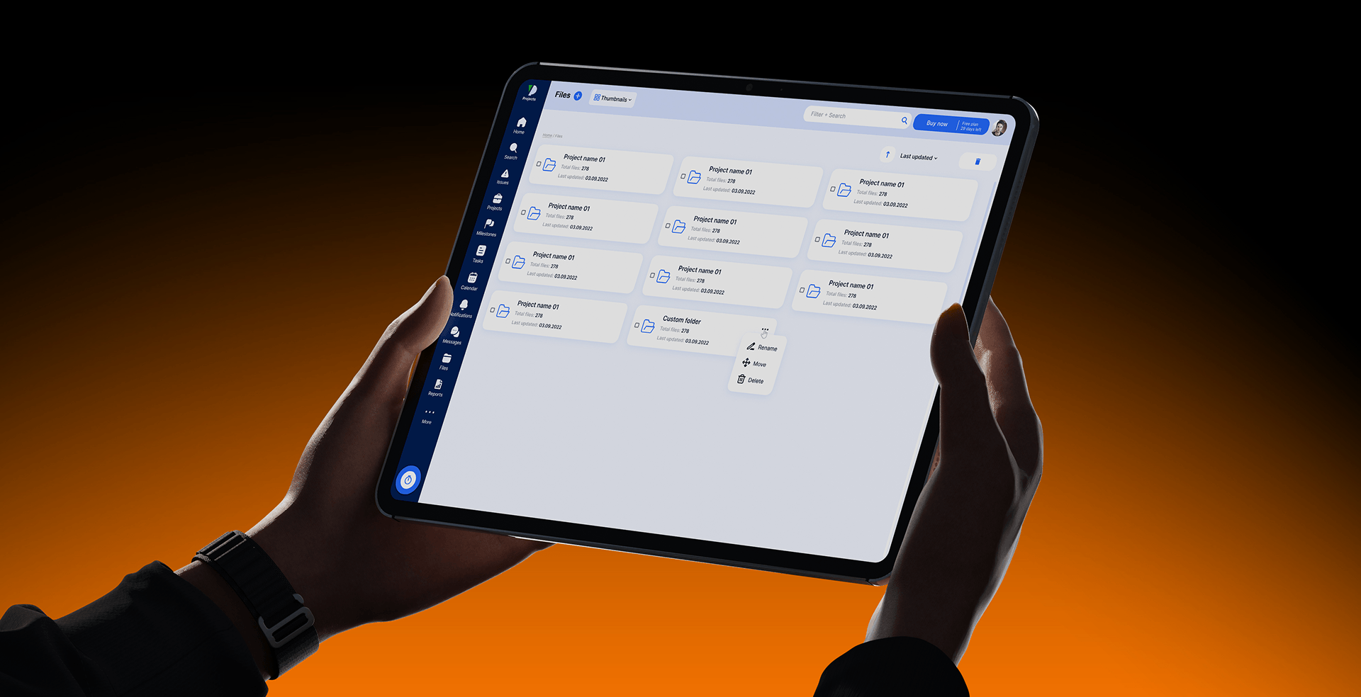 Vida Dynamics project boards shown on a tablet held in hand