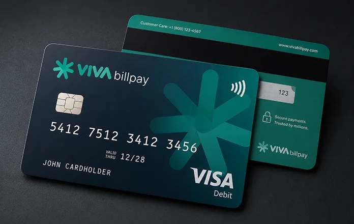 Viva Bill Pay debit card mockups in deep teal and green design
