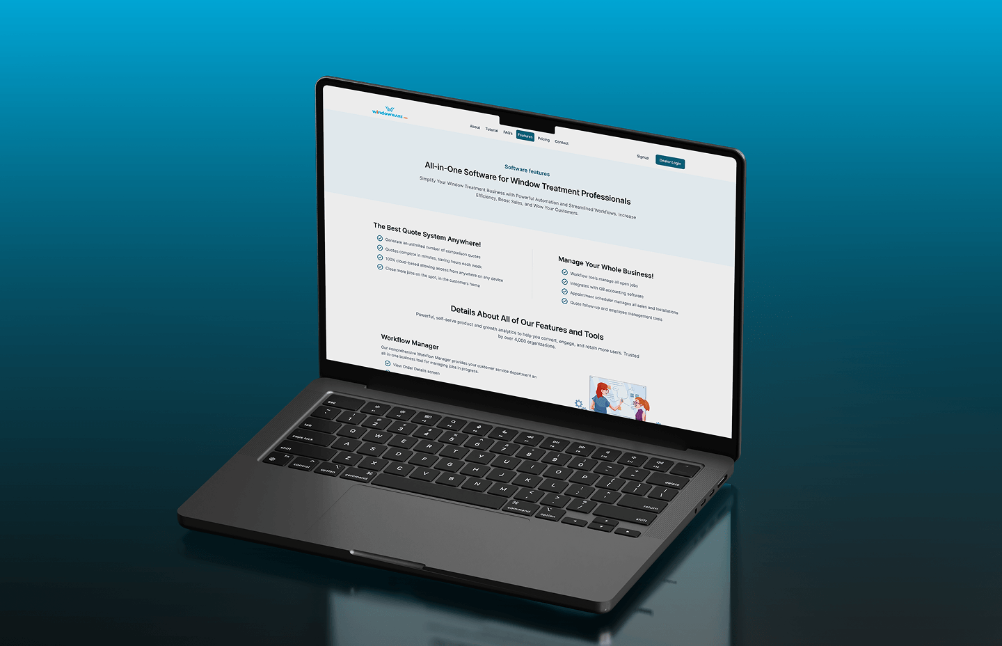 WindowWare Pro software features page on a laptop