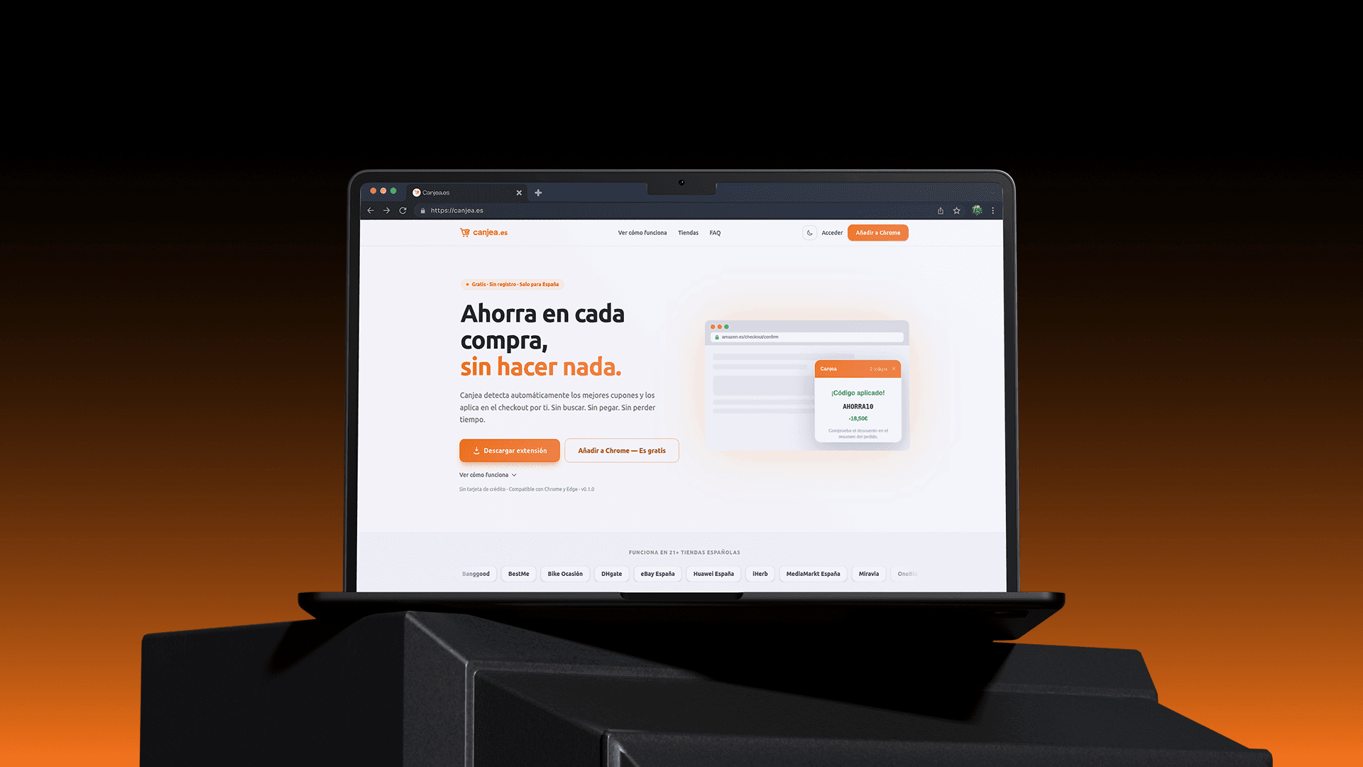 Canjea extension interface displayed on a laptop screen with orange gradient background