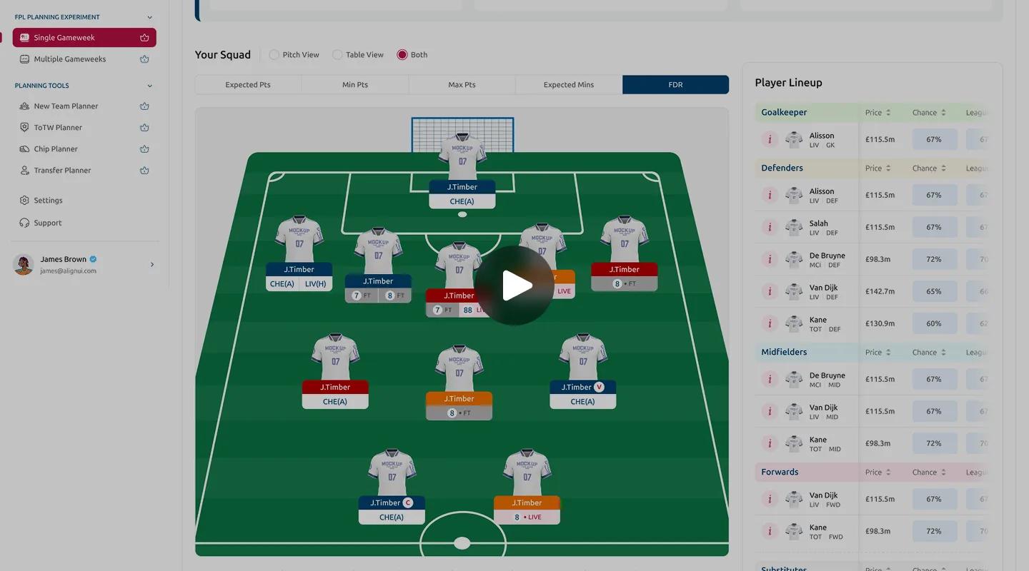 FPL Analytica squad planner showing pitch view and player lineup