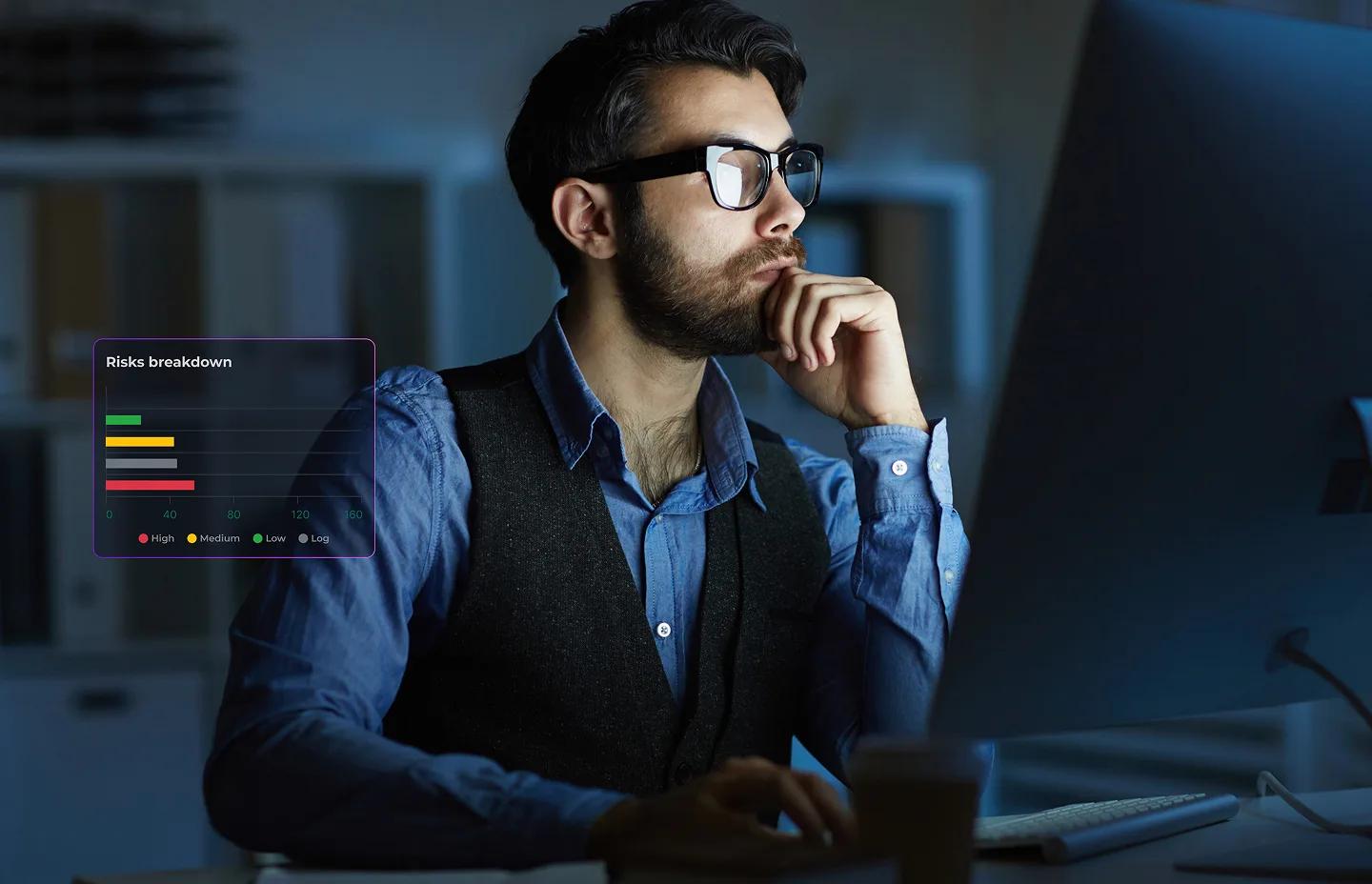 Security analyst reviewing a risks breakdown widget at a monitor