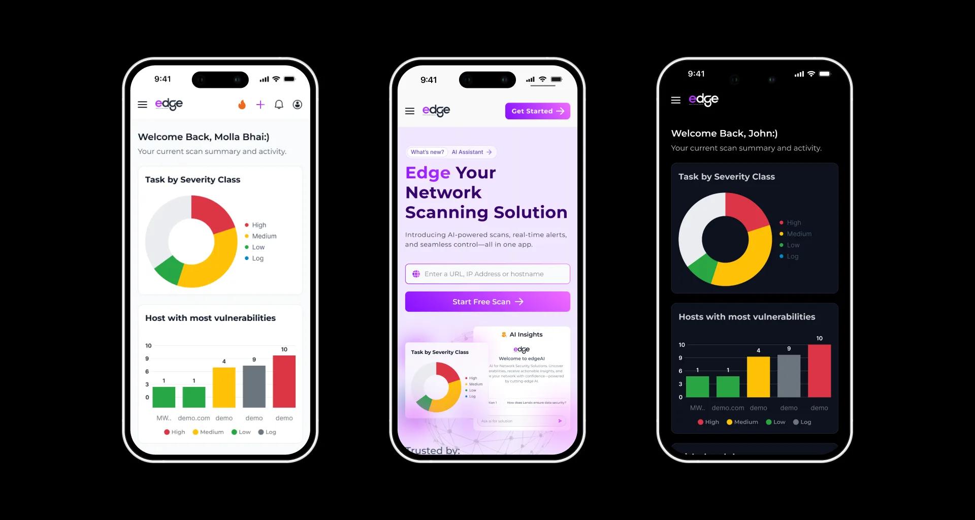 Three phones showing Edge dashboard variants