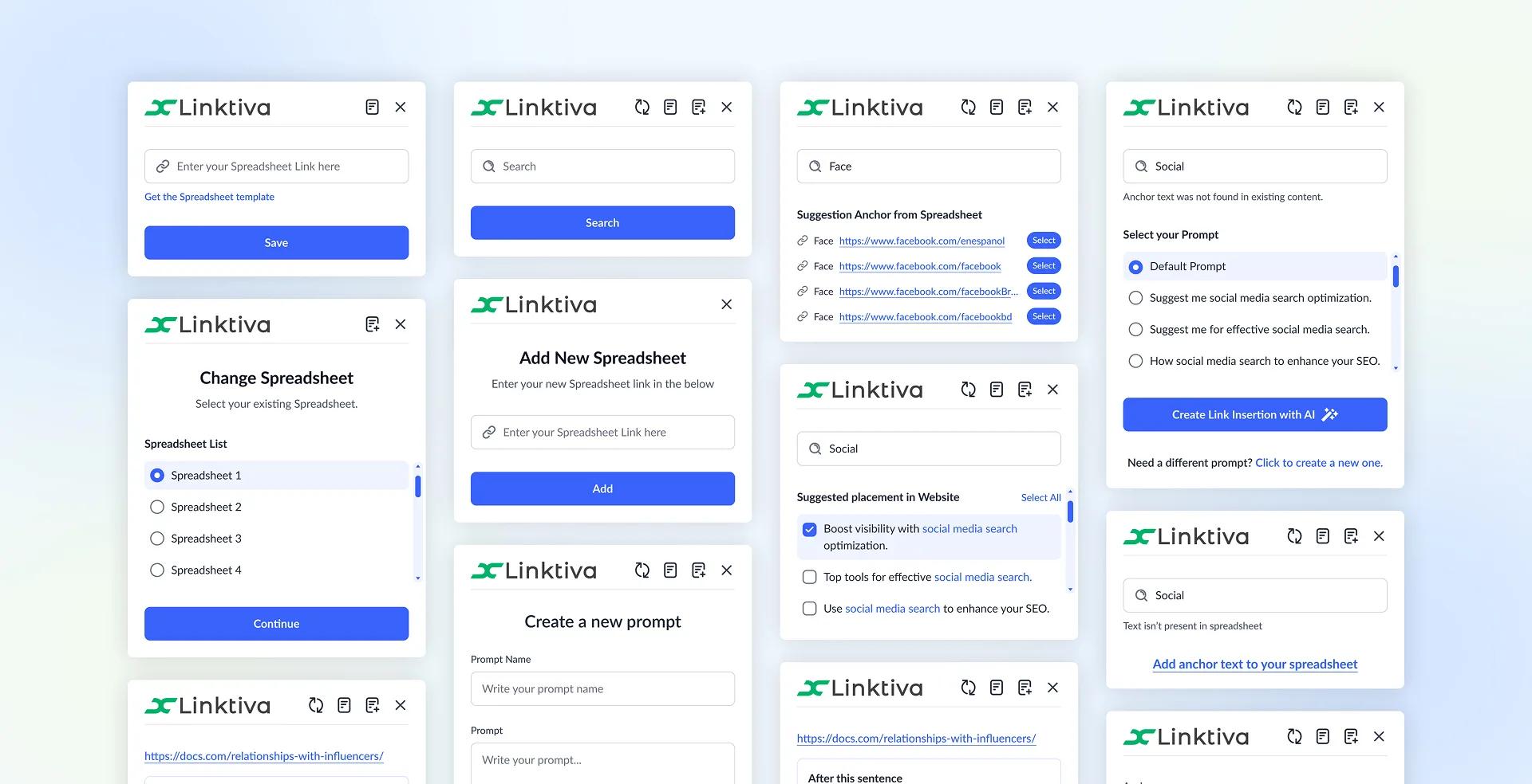 Linktiva extension screens for spreadsheet, anchor, and placement