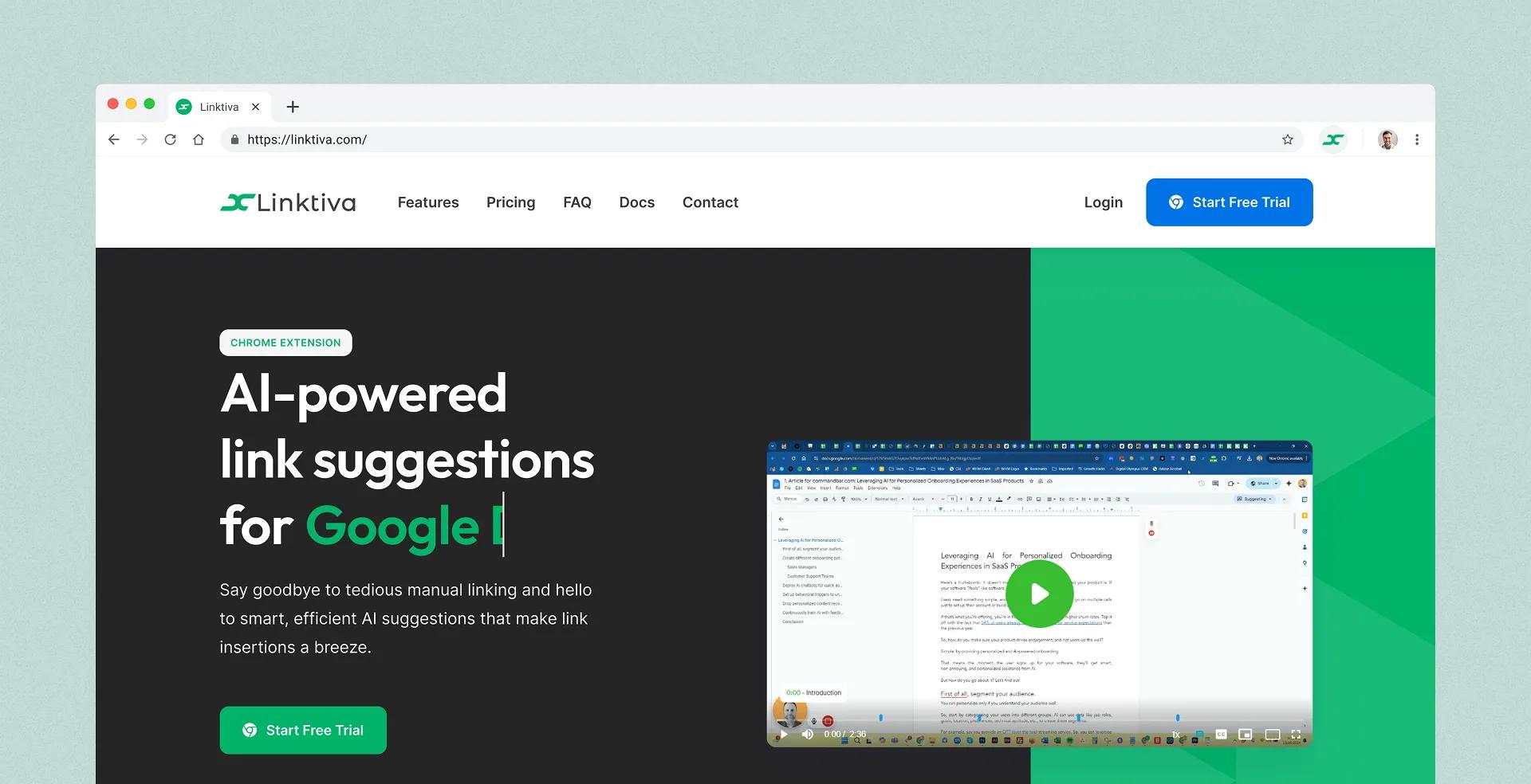 Linktiva homepage shown in a browser with AI-powered link suggestions