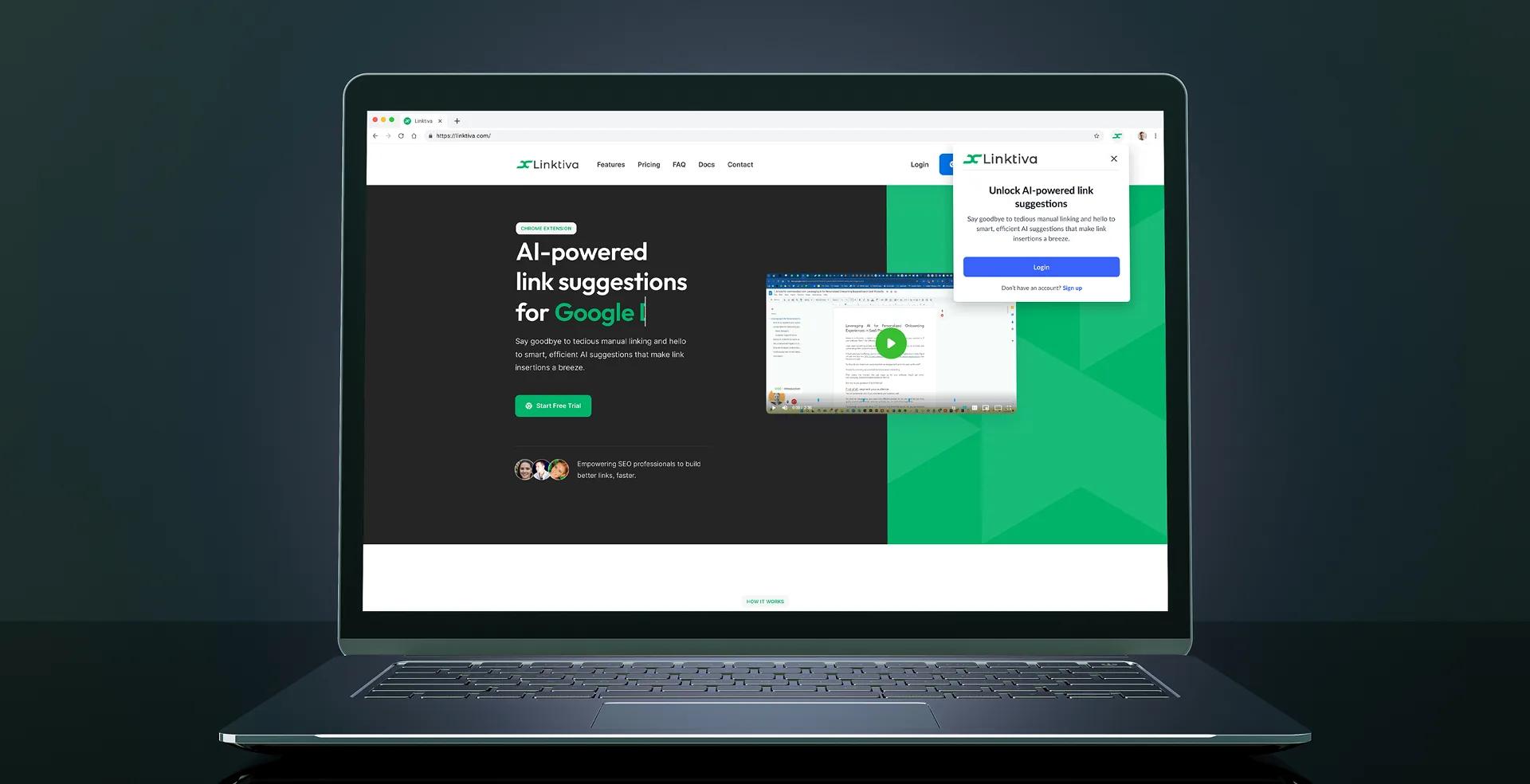 Linktiva AI-powered link suggestions shown on a laptop