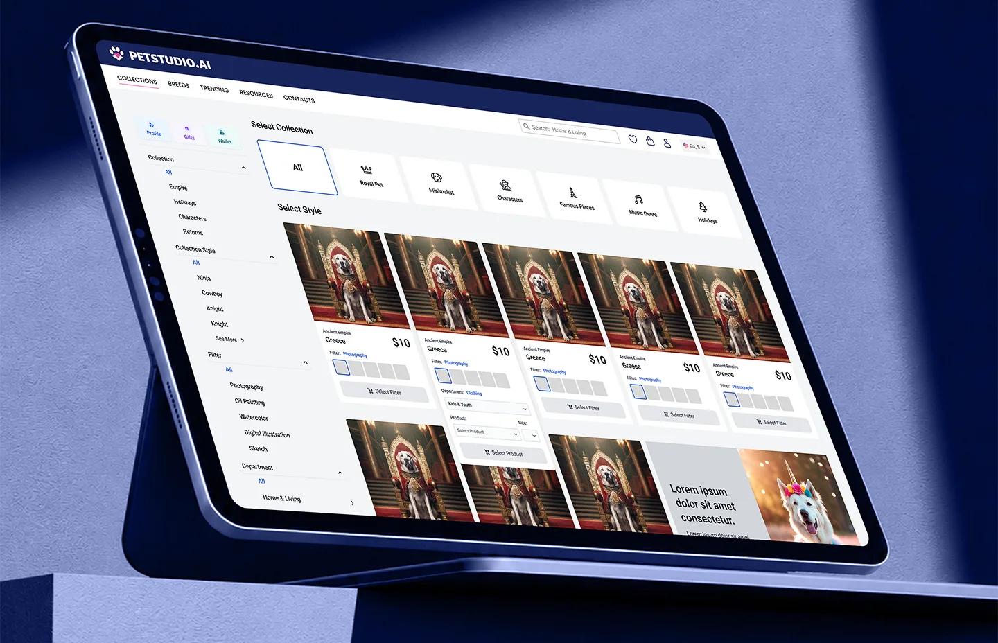 PetStudio.ai collection and style browser