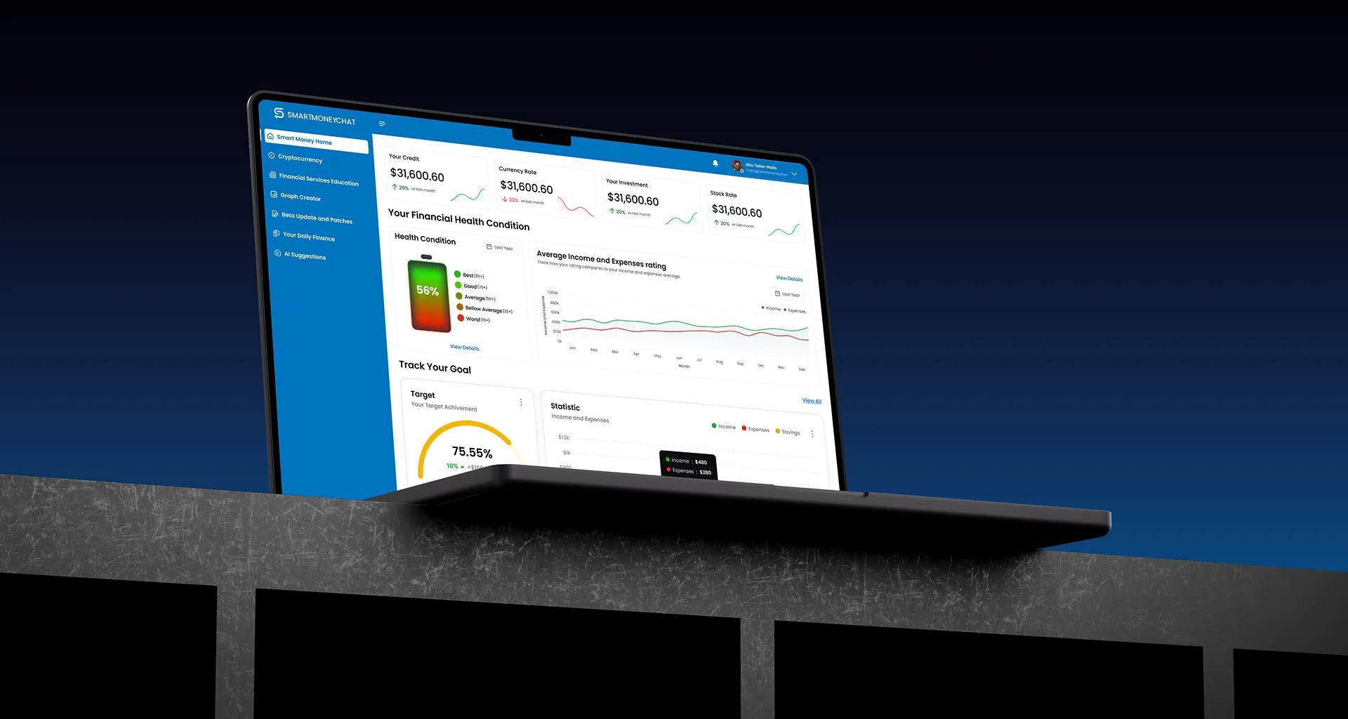 Laptop displaying Smart Money Chat financial health dashboard