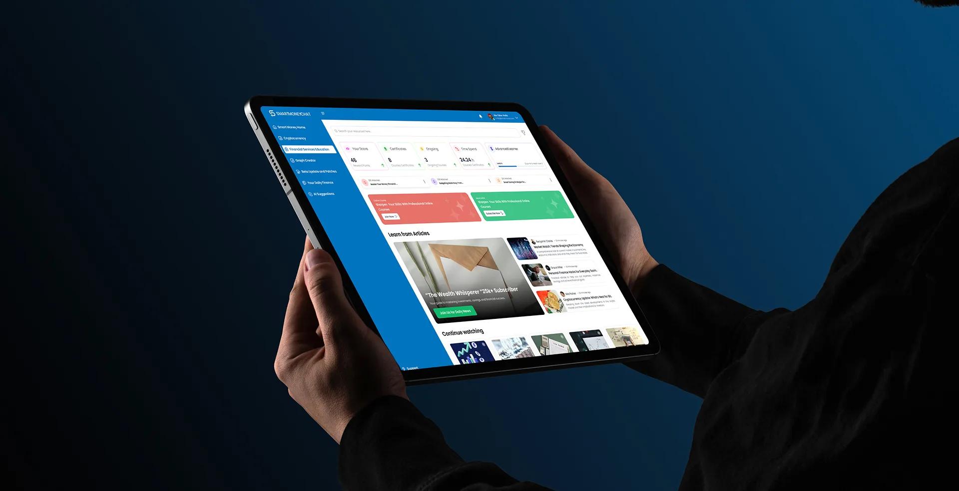 Tablet showing the Smart Money Chat Study Mode learning dashboard