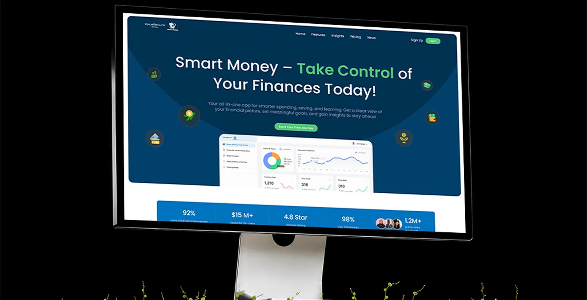Monitor on a stand showing Smart Money Chat platform