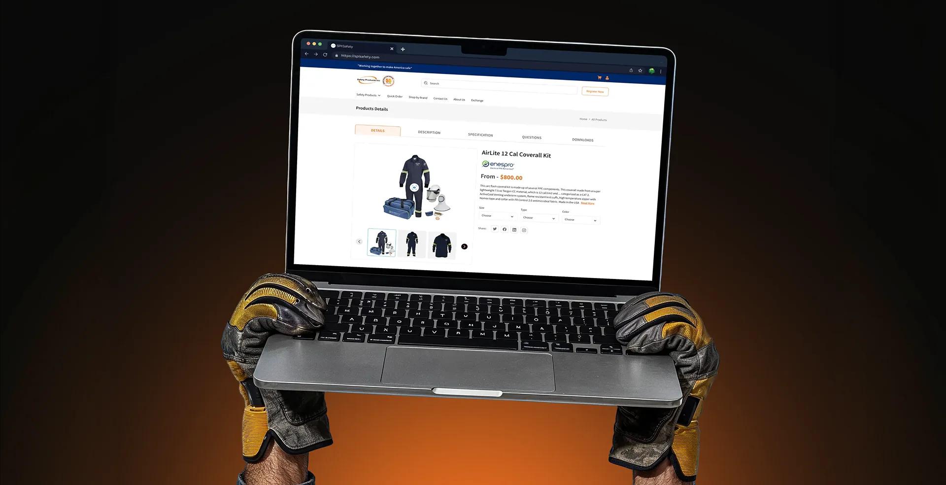 Rugged laptop displaying SPI Safety technical product catalog