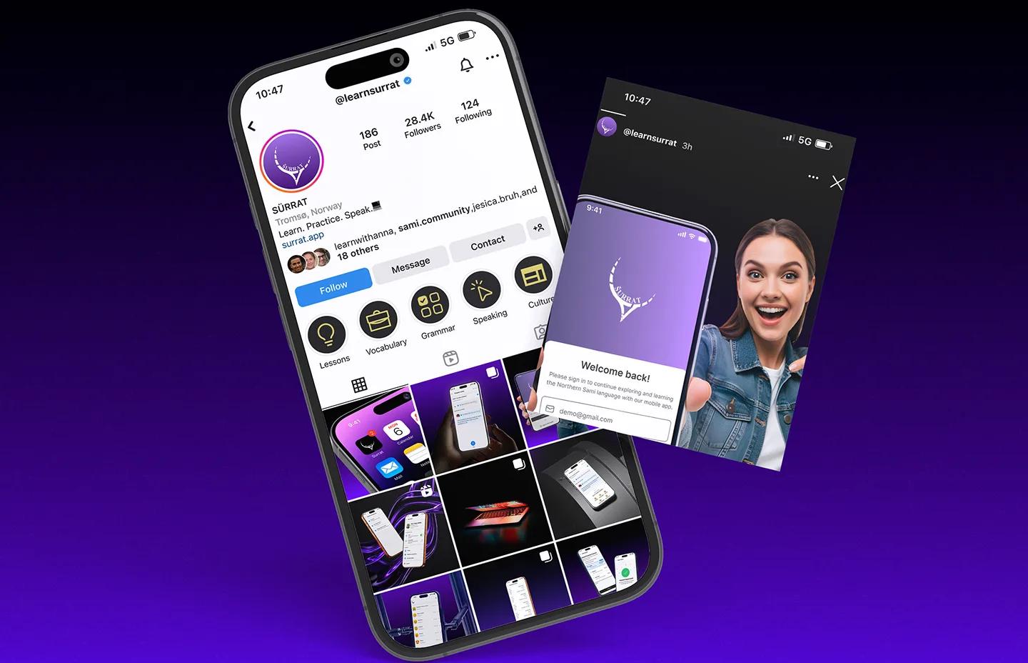 Surrat Instagram profile and app screens