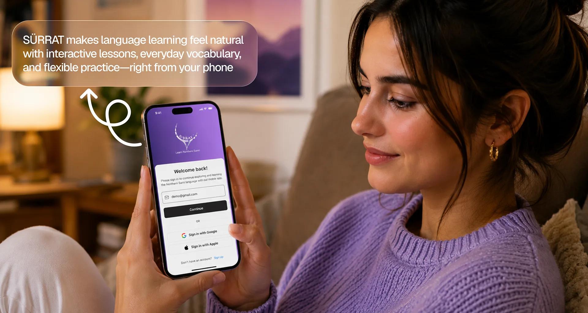 learner holding phone with Surrat app