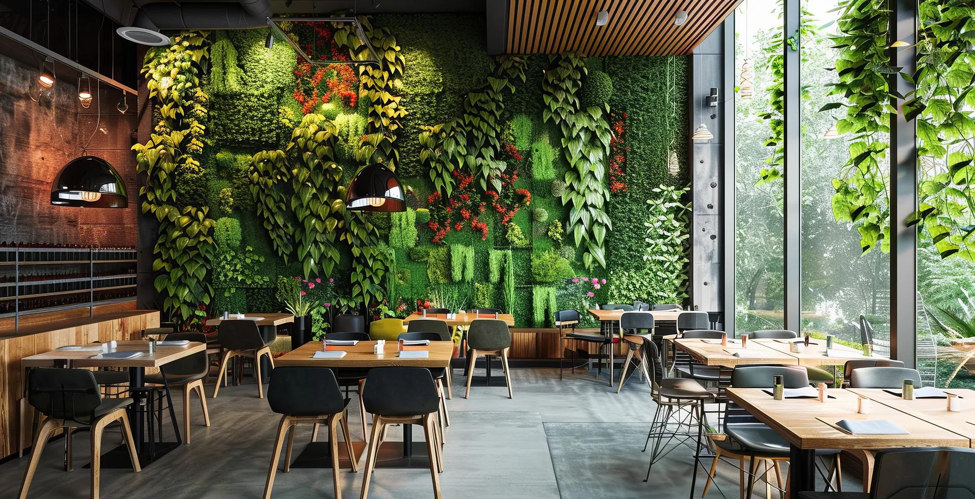 Restaurant interior with a living green wall