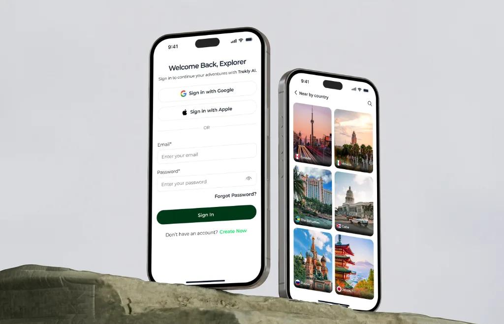 Trekly authentication and nearby country screens mockup
