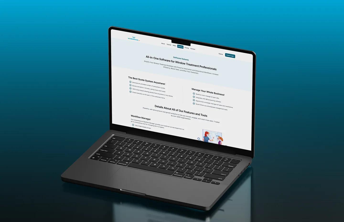 WindowWare Pro software features page on a laptop
