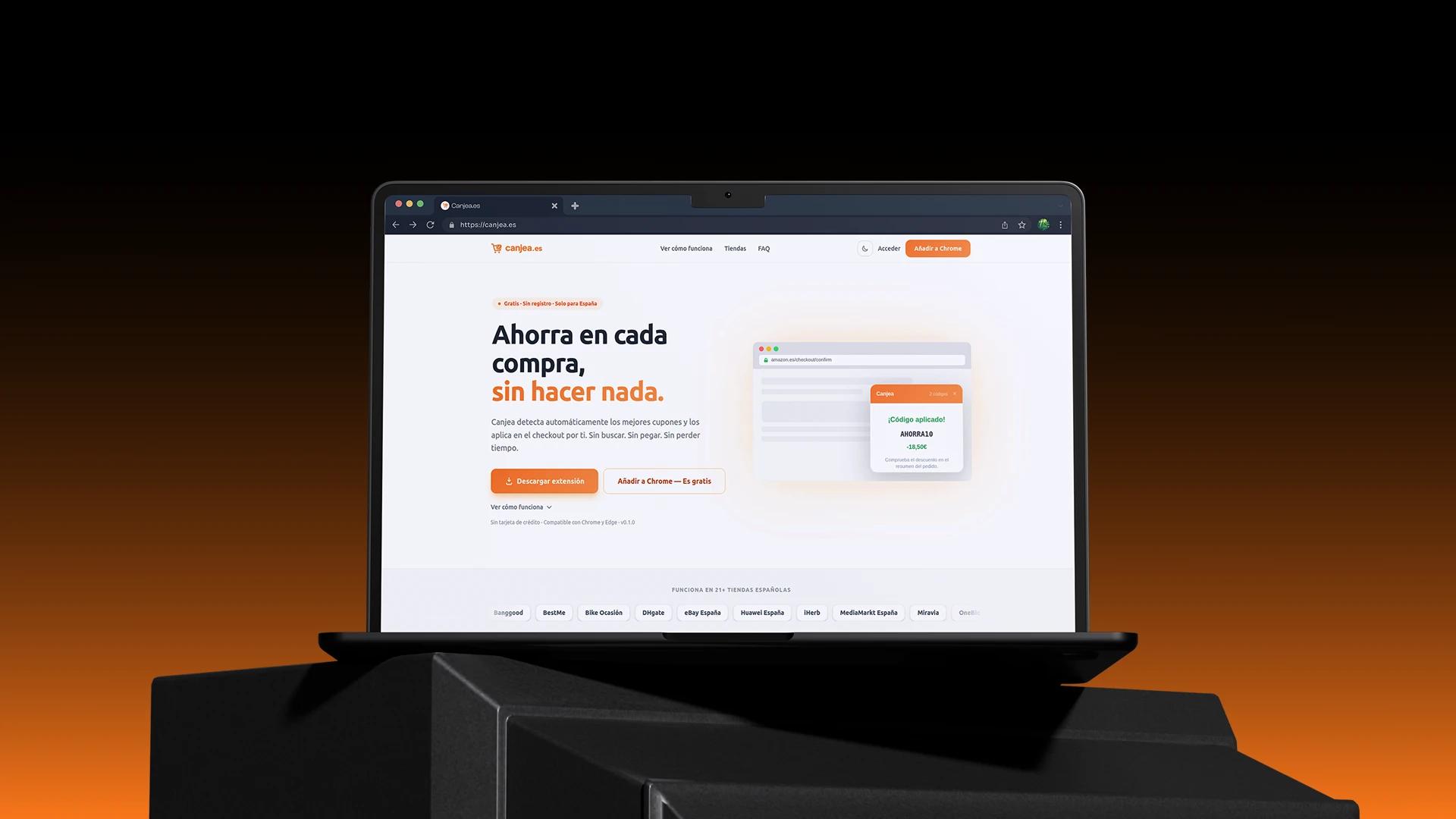 Canjea extension interface displayed on a laptop screen with orange gradient background