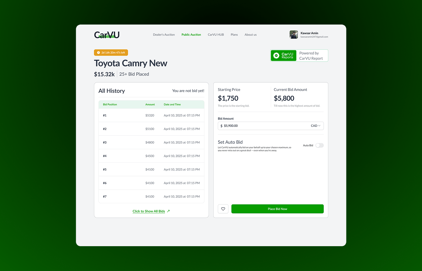 CarVU live auction bid history
