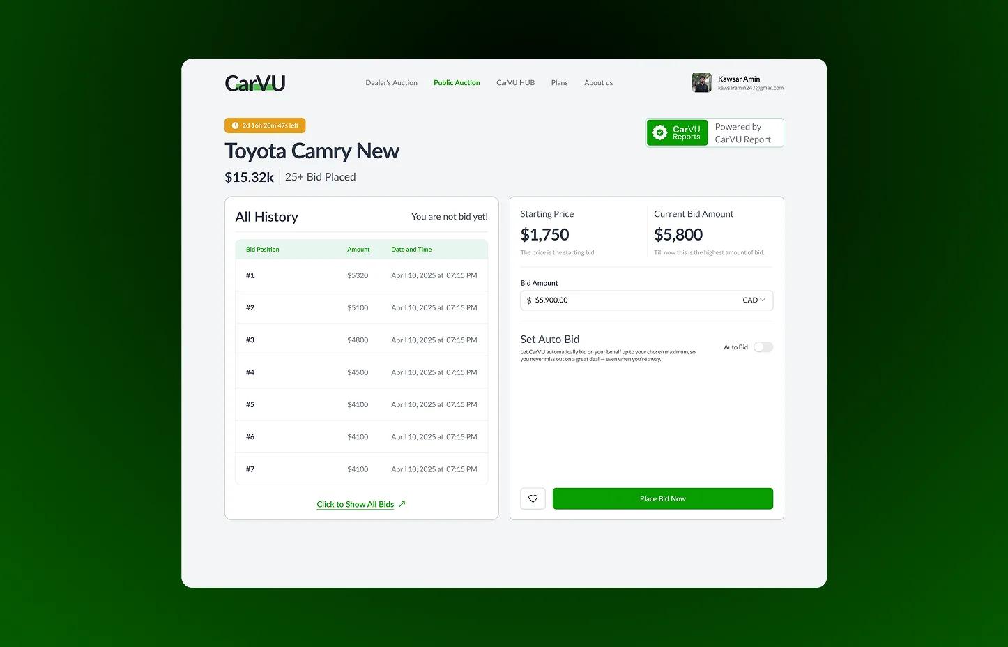 CarVU live auction bid history