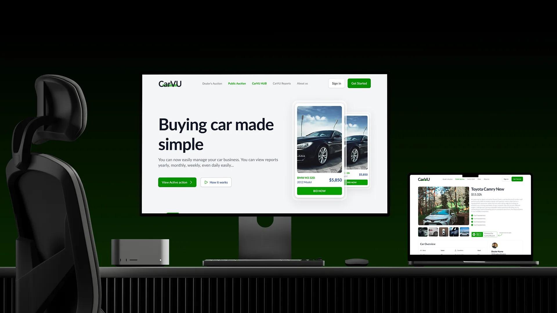 CarVU marketplace homepage on a desktop monitor