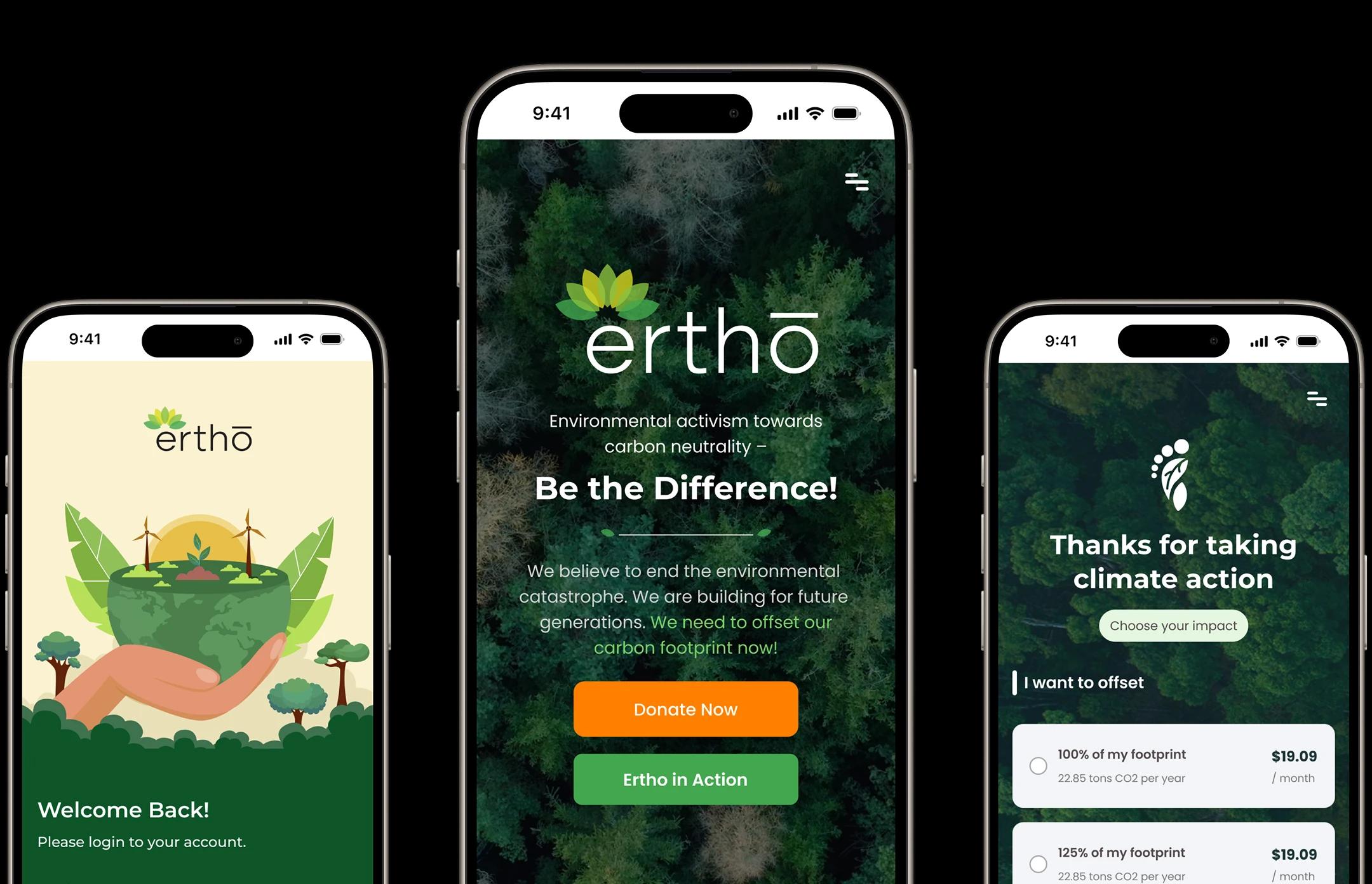 Ertho app shown across three smartphone screens