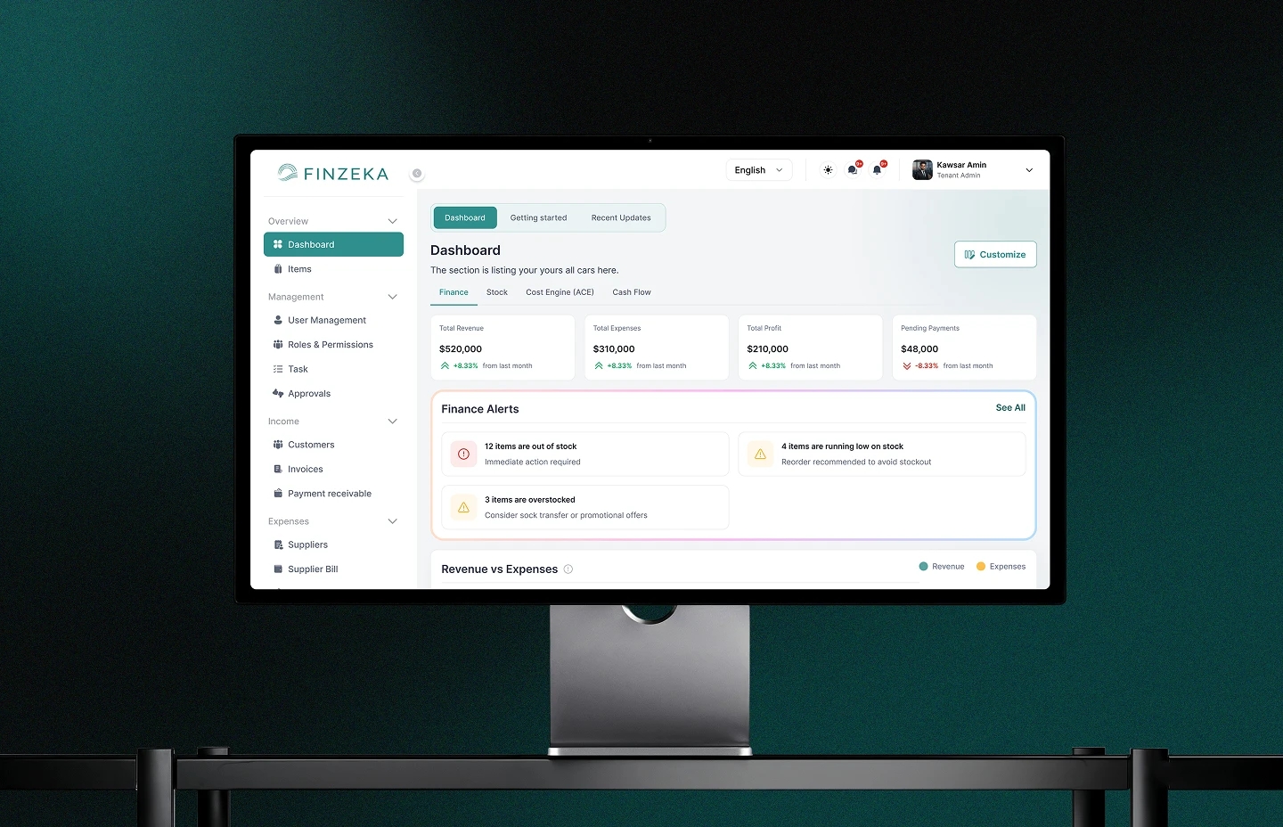 Finzeka dashboard on a desktop monitor