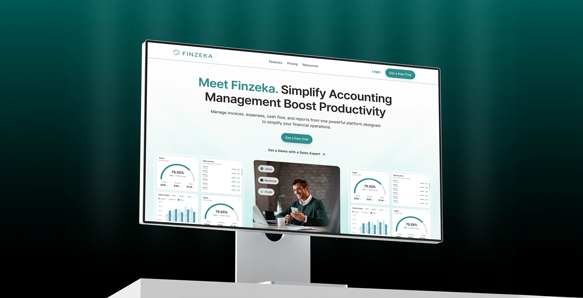 Finzeka marketing site on a desktop monitor