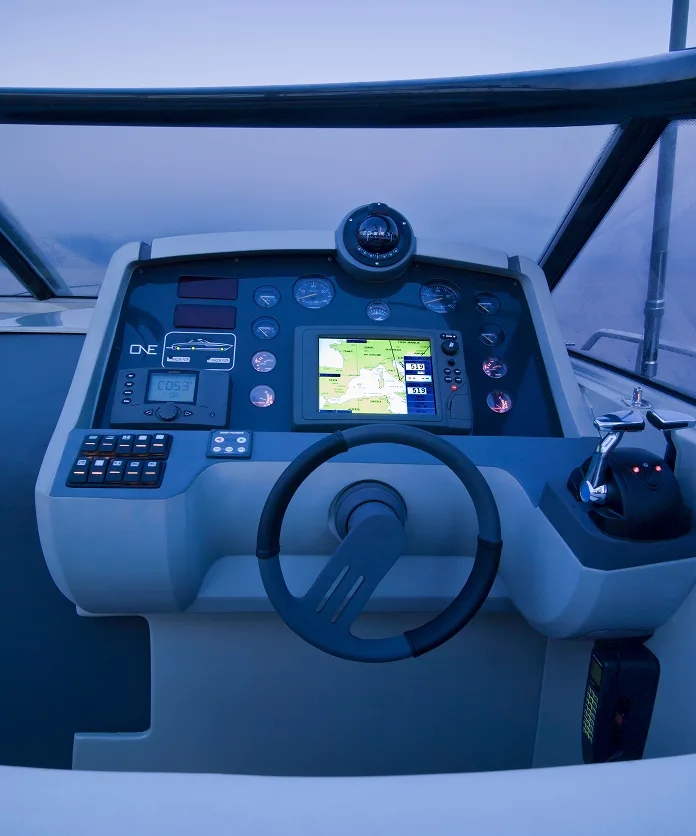 Boat helm dashboard with navigation display